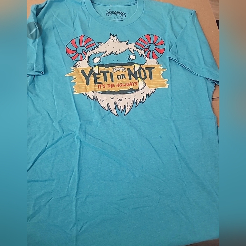 JOURNEYS YETI OR NOT IT'S THE HOLIDAYS MEDIUM T-SHIRT STAFF TURQUOISE